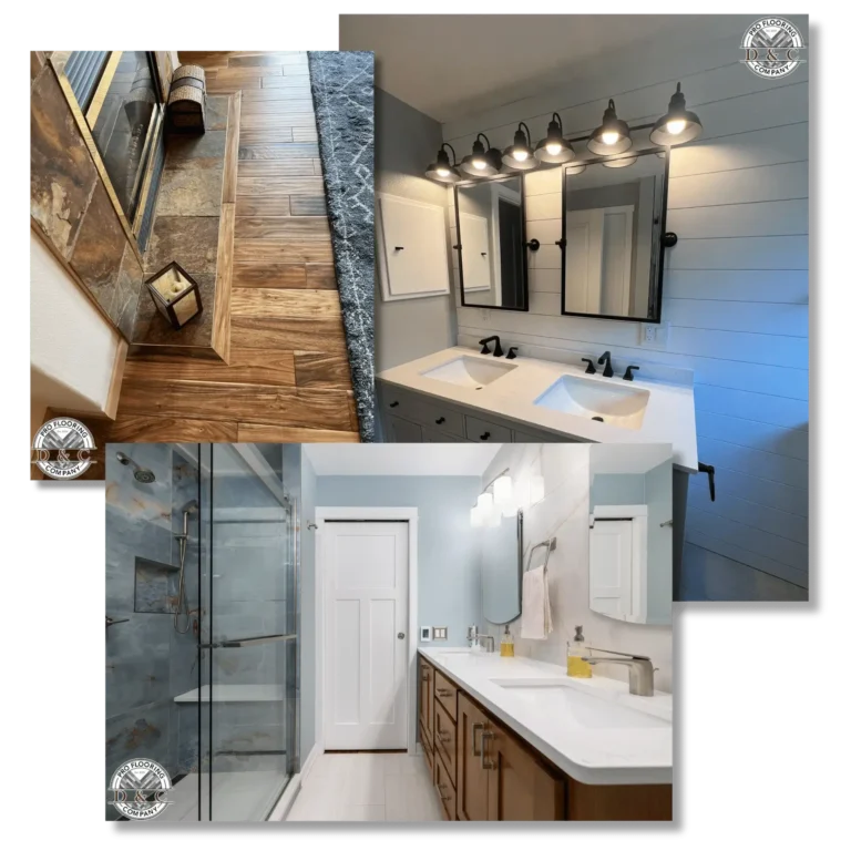 A collage of three images showcasing different interior design projects. The top left image displays a wooden floor beside a stone fireplace. The top right image features a modern bathroom with a double vanity and large mirrors. The bottom image shows a sleek bathroom with a glass-enclosed shower and wooden cabinetry.